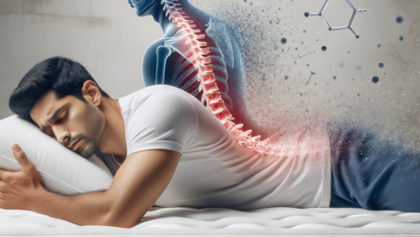 Uomo dorme con visualizzazione anatomica della colonna vertebrale.